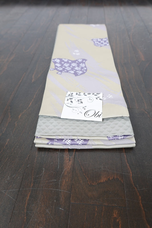 Brand-new Han-haba Obi (half-width sash) — Light yellow, purple, white, and yellow-green(P1)