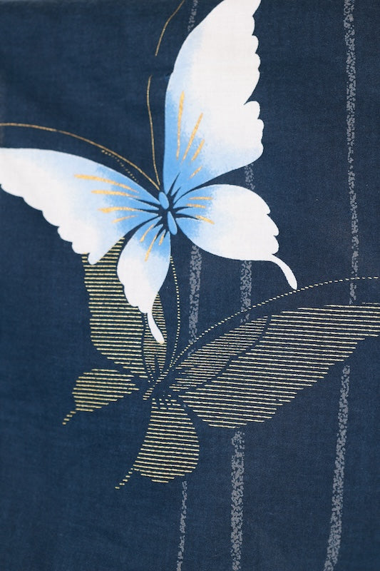 Yukata used (Japanese summer kimono) - Indigo blue, white, gold, butterfly pattern, stripes - L176