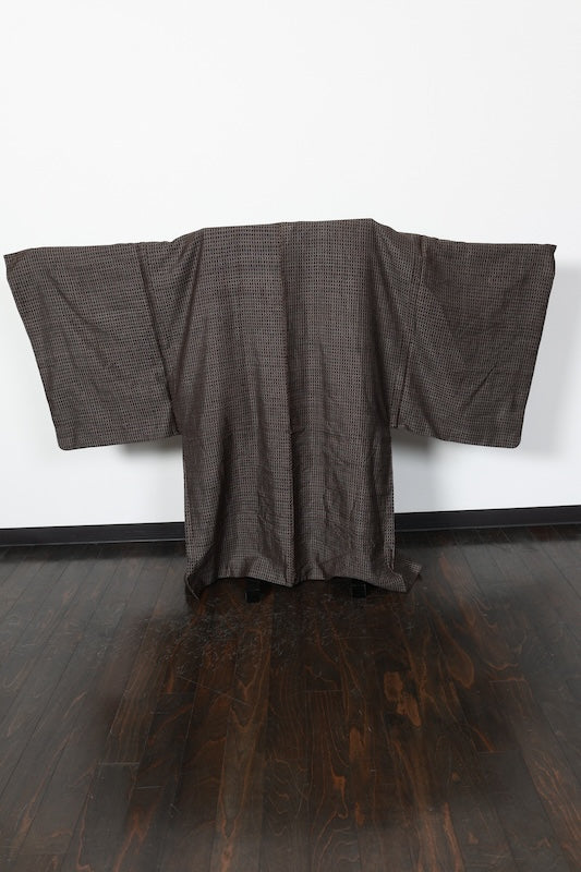 Men's authentic Oshima Tsumugi haori jacket used, brown and white, hand-spun, hand-woven, mud-dyed, plant-dyed, L169