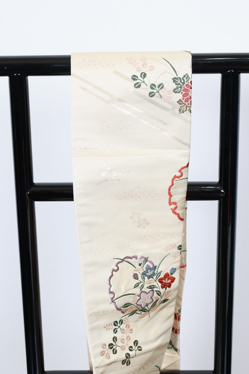 Nagoya-obi sash belt begie gold embroidery pre-owned /P29
