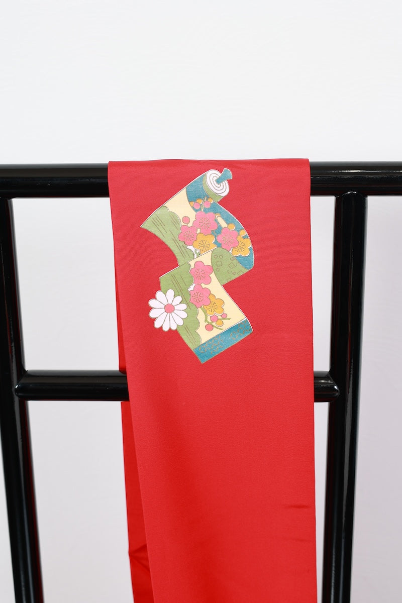 Nagoya-obi sash belt red Hand-drawn pre-owned /P30