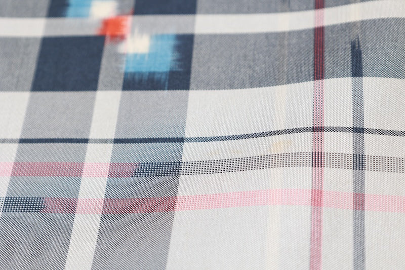 Miyama Tsumugi silk fabric, brand new, shades of gray, blue, white, and shades of red, ikat pattern, handwoven, checkered and geometric design, B1537