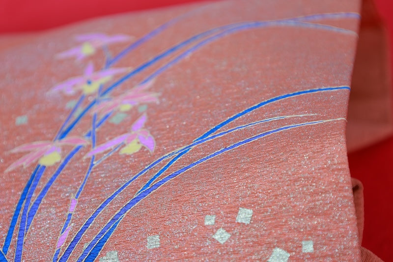 Nagoya-obi sash belt Deep persimmon color indigo Hand-drawn pre-owned /AZ95