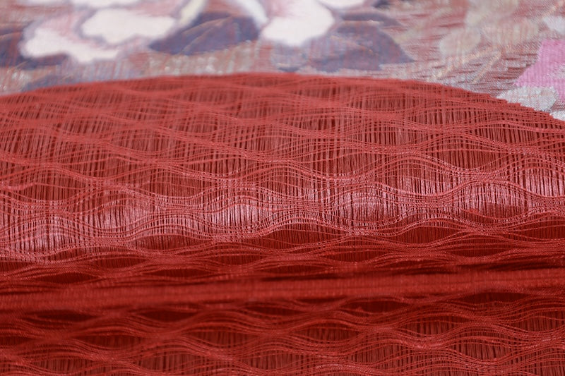 Fukuro Obi used( sash) - Brick red, purple, white, indigo, silver, floral pattern, hand-woven, B1543