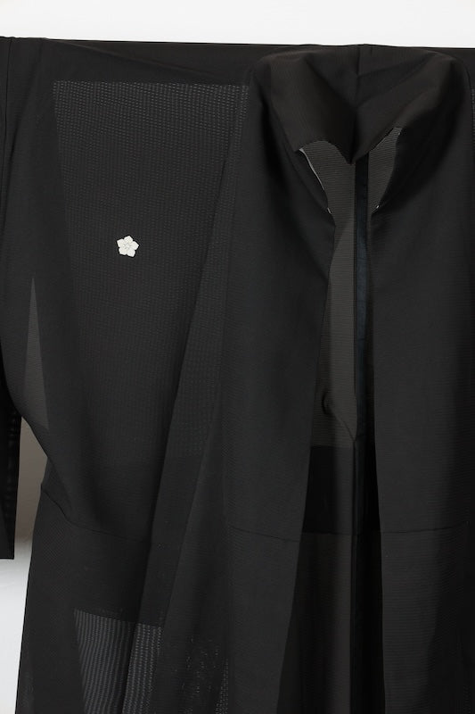 Summer black formal kimono used (Kurotomesode), black with silver accents, Chaya-tsuji pattern, embroidered, five crests of bellflowers (B1555
