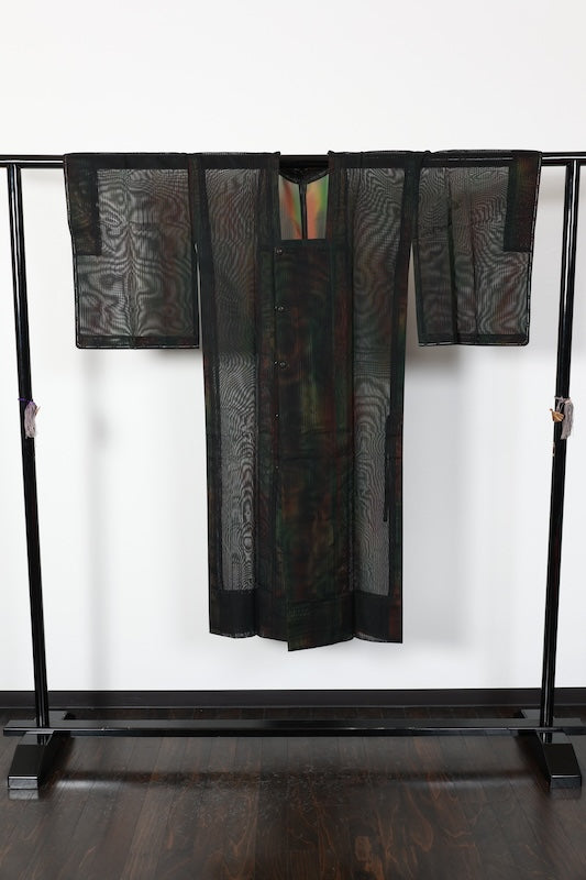 Raincoat, brand new, unused, Nishijin woven silk crepe, black, green, brown stripes.