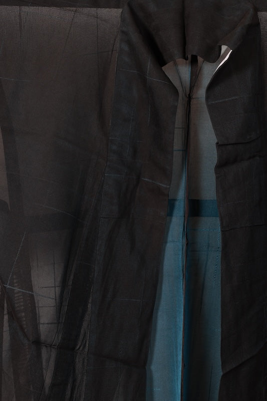 Summer kimono used, Nishijin weave, patterned gauze, black and blue, broken check pattern, B1556