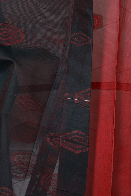 Komon used (kimono), Nishijin weave, patterned gauze, black and red, hexagonal diamond pattern, B1550