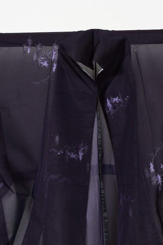 Summer Komon used (kimono), Nishijin weave, patterned gauze, eggplant purple, original landscape design, B1544