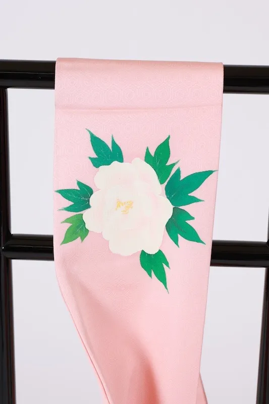 Nagoya obi used (sash), Shioze silk, cherry blossom pink, green, gray, yellow, peony, hand-painted, L52