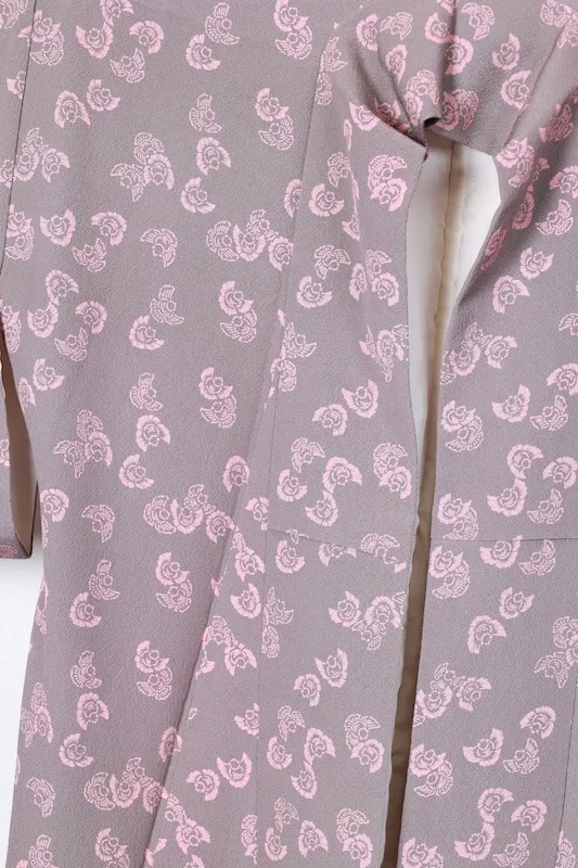 Komon (Japan used kimono silk crepe) by Tsujimura Jusaburo, gray with cherry blossom pink, featuring a swollen sparrow design, R163