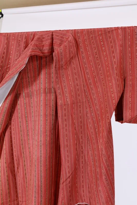 Tsumugi(Japan Pre-loved kimono) – Rust-red, gray, indigo, and yellow stripes (A070)