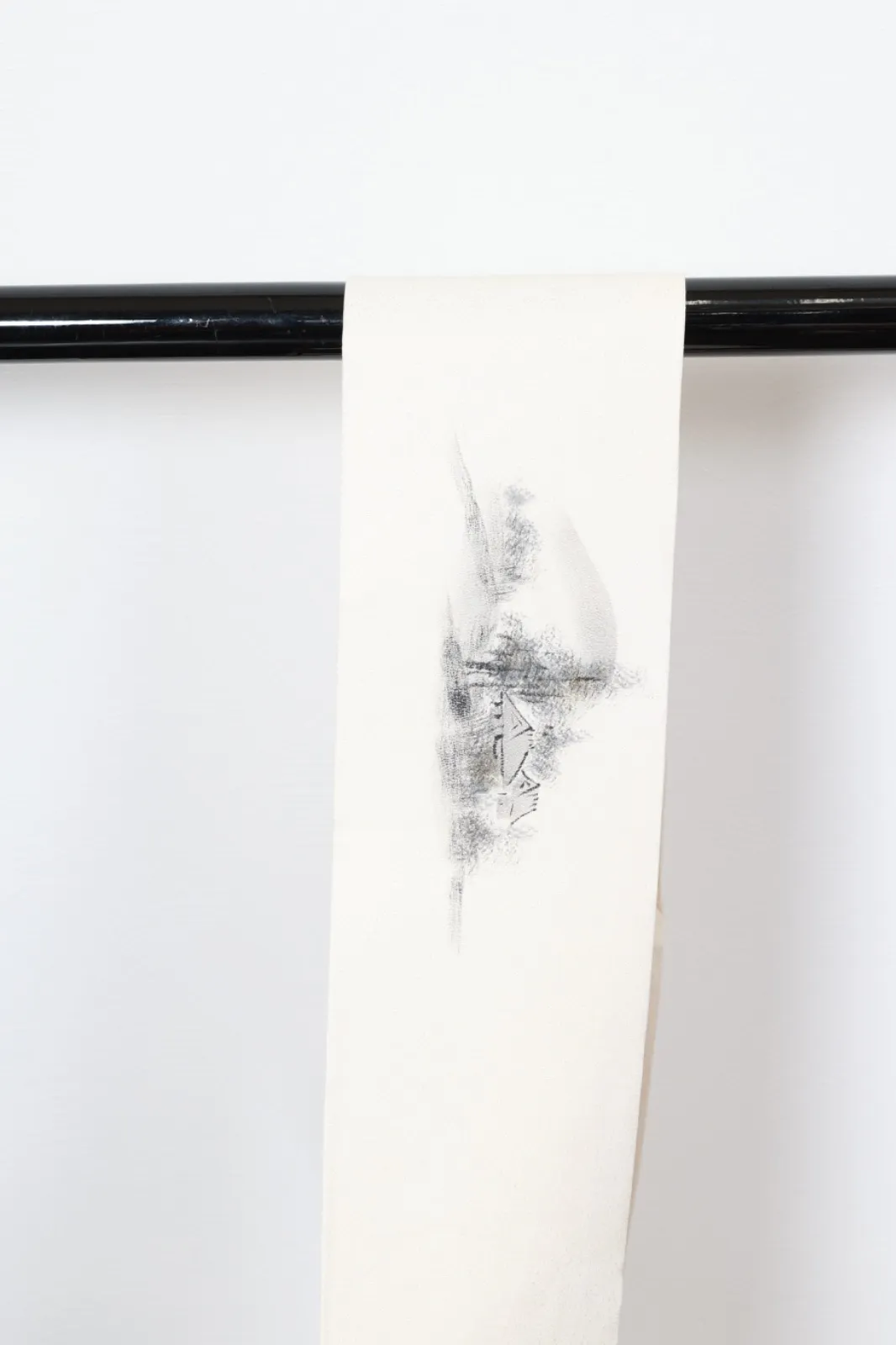Nagoya Obi(used sash) – White, Sumi-ink, and Brown – Pastoral Landscape – Artist-signed (R113)