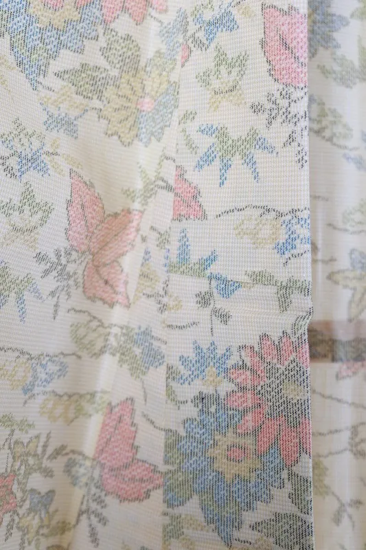 Japan Pre-loved kimono; unbleached white, red, green, and yellow; small floral pattern; A093