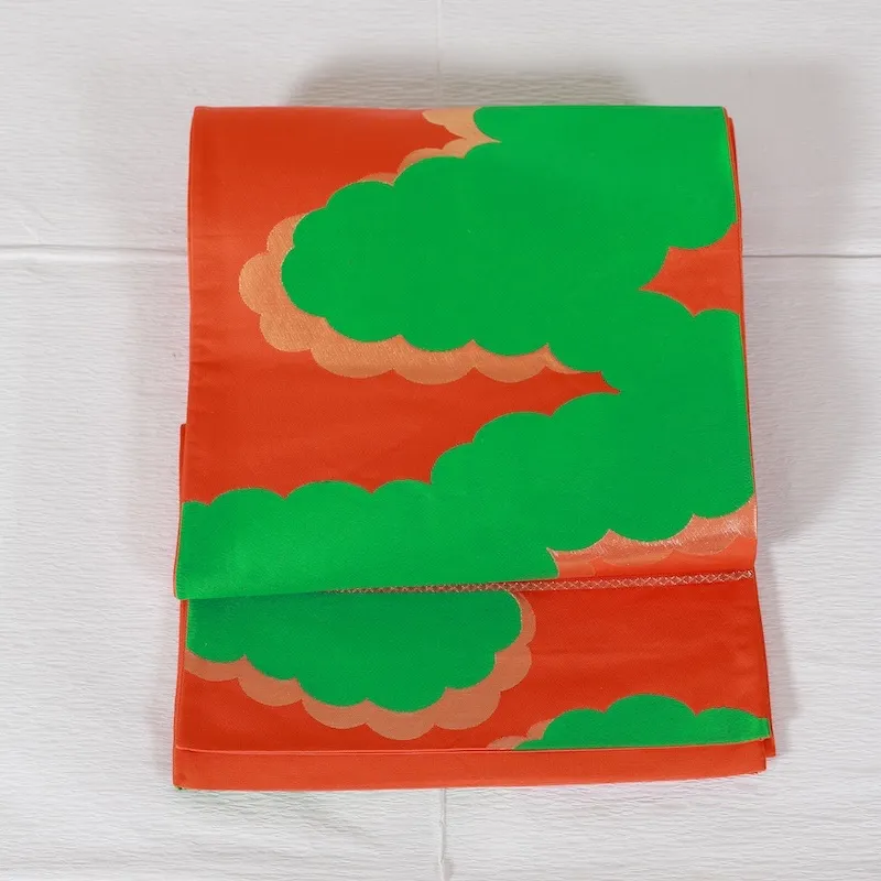 Fukuro Obi(used sash) – Cloud-pattern – Orange & Green – Gold/Silver Leaf Strip Weaving – A144