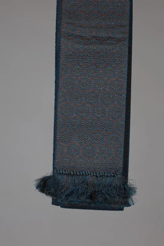 Men's Hakata Obi used (Sash) - Woven Pattern - Indigo and Brown Shades - Abstract Pattern - L124