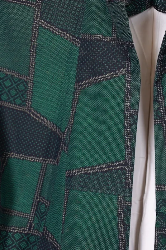 Tsumugi silk fabric, green, indigo, beige, geometric pattern, R168