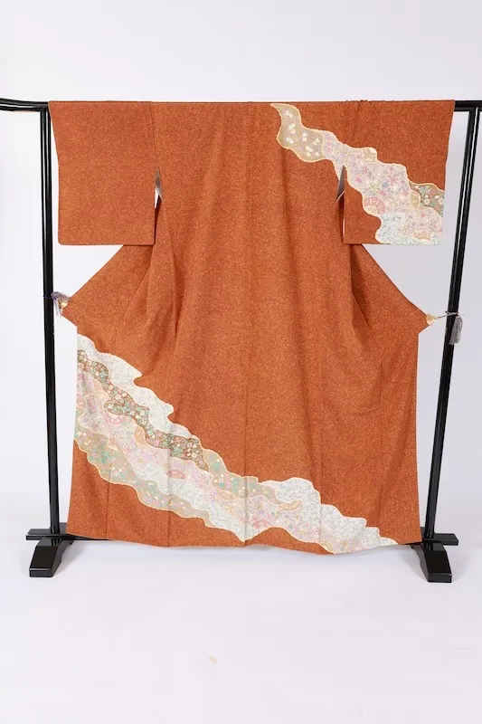 Visiting kimono used, brown, purple, coral, green, ink, gold, blue, floral pattern, hand-painted Kyoto Yuzen dyeing, B1410
