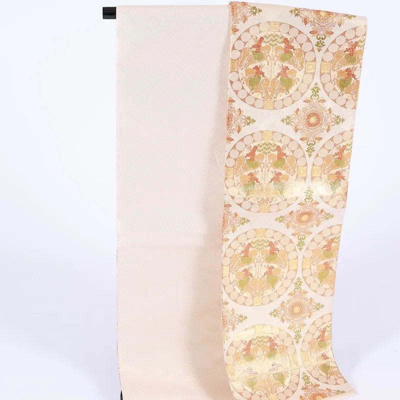 used Fukuro obi (formal sash) - Gold, Green, Brown - Hunting pattern - Tang flower pattern - G46