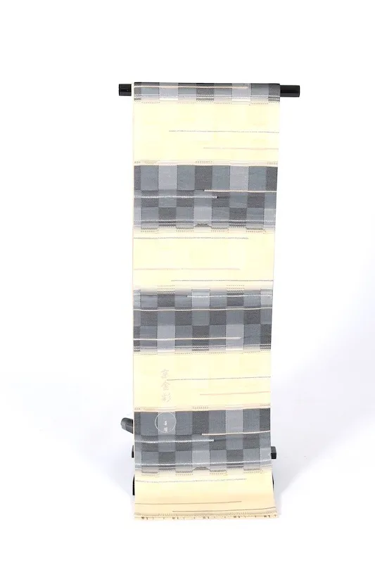 Fukuro Obi used (sash), Kayou Textile, shades of gray, gold, silver, shades of yellow, checkered pattern, horizontal stripes, handwoven, L28