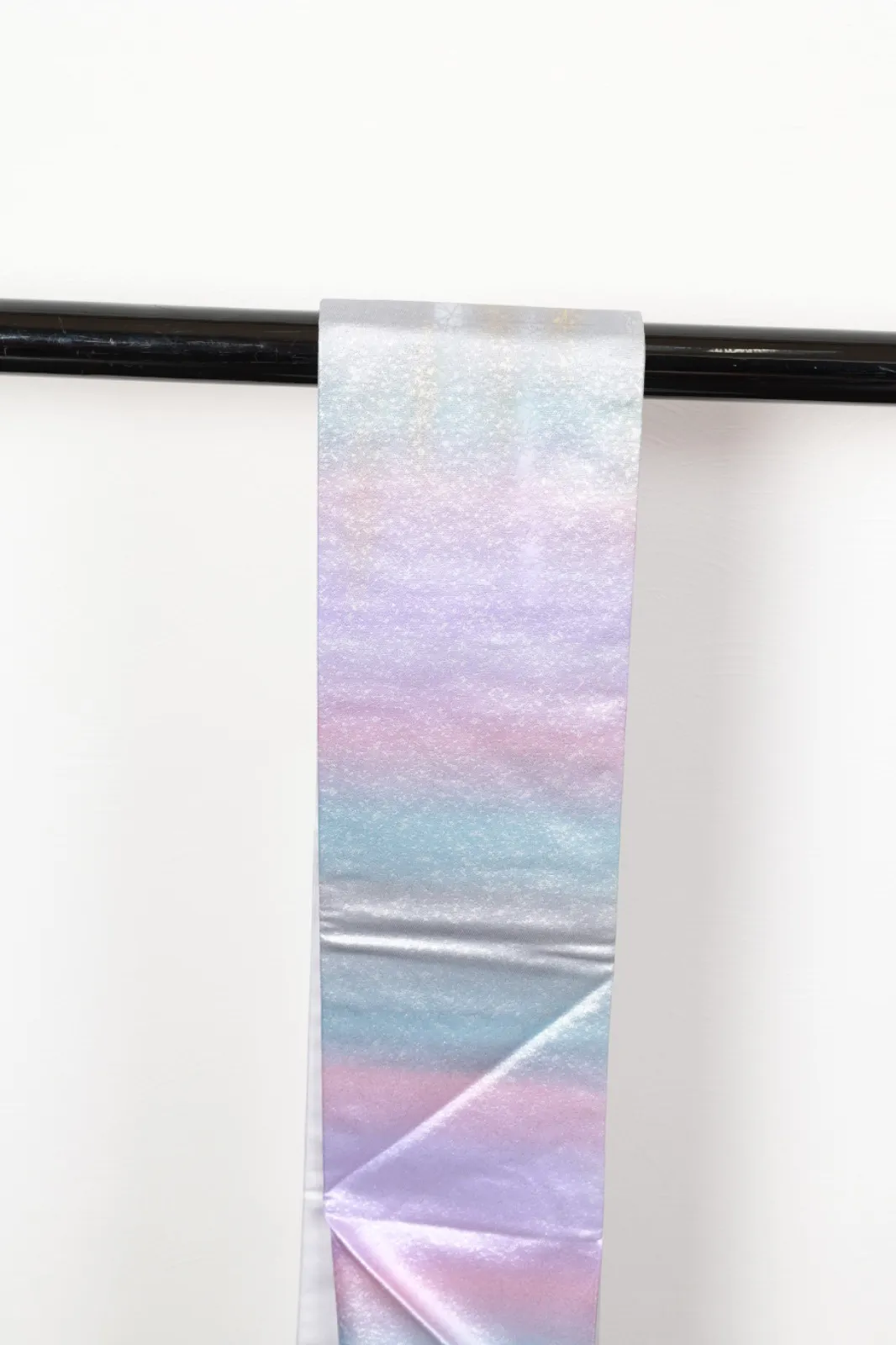 Nagoya Obi(used sash) – Blue, shades of purple, gray, silver, and gold; *hikihaku* (gold/silver leaf strip) technique – R124