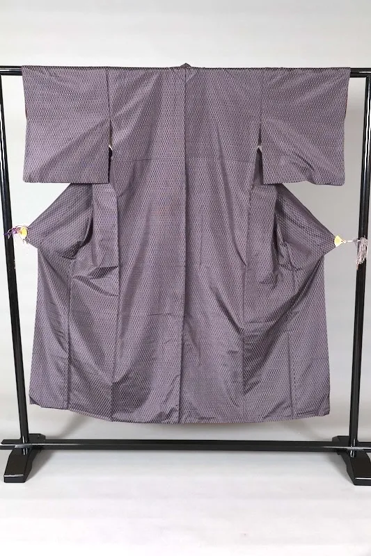 Oshima Tsumugi used silk fabric, purple, yellow, white checkered pattern, handwoven, L142