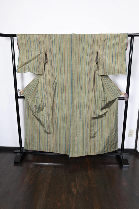 Tsumugi silk(Japan used kimono), Hakata weave, vertical stripe pattern, shades of green, indigo, brown, yellow, irregular stripes, R166