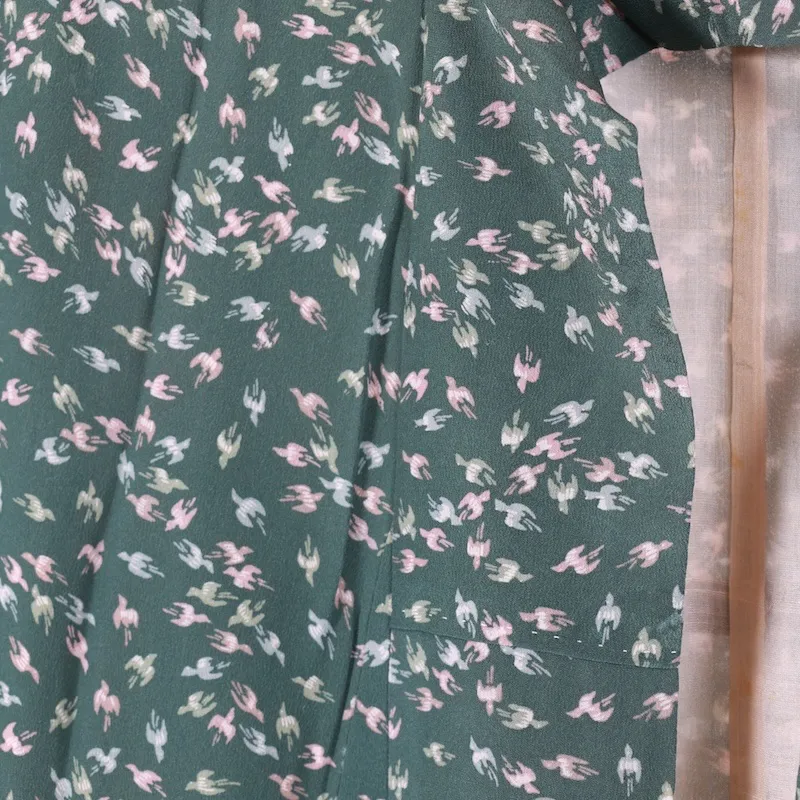 Japan used Kimono – Green & Pale Purple – Birds – D002