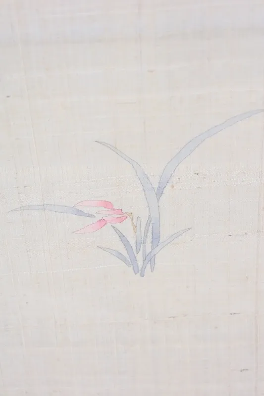 Summer kimono fabric, brand new, unstitched, off-white, black, coral red, ochre, floral pattern, hand-painted, J21