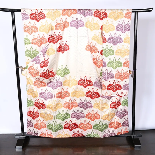 Furisode used (long-sleeved kimono) - Off-white, red, green, yellow, purple, gold - K93