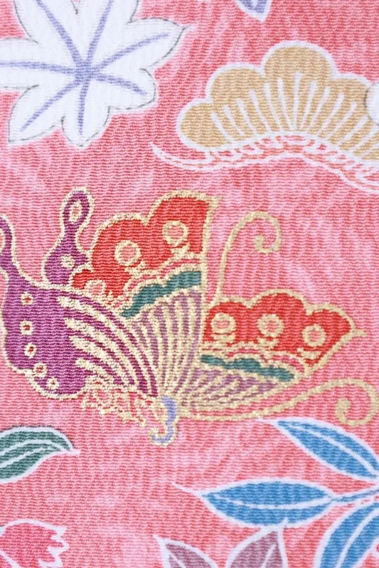 Komon (used kimono fabric) - Coral shades, purple, gold, vermilion, blue, green, yellow-green, flowers, butterflies - Kyo-Yuzen (Kyoto-style dyeing) - B1434