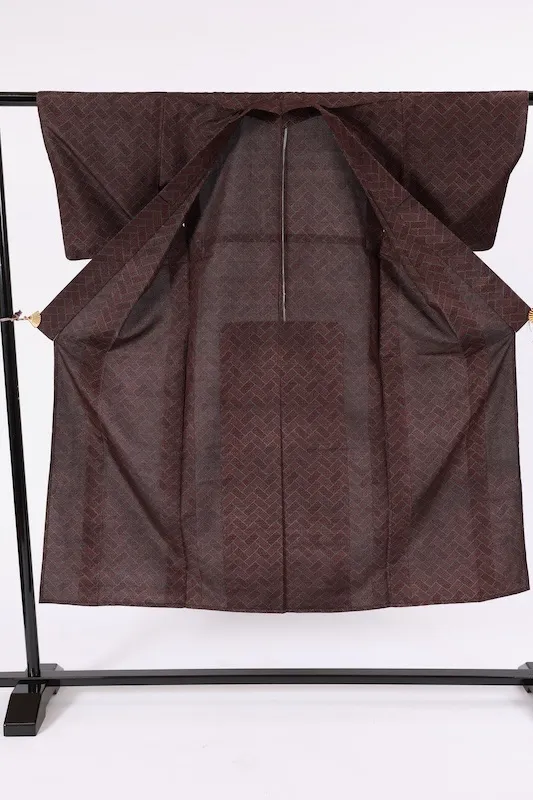 Tsumugi silk(Japan v kimono), brown and gray, geometric pattern, A072
