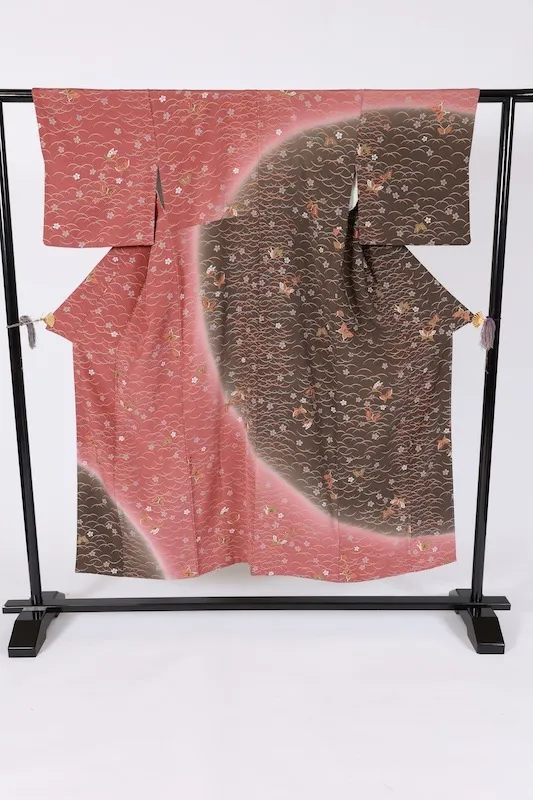 Komono (kimono), brand new, unused. Colors: Coral pink, gray, white, brown, green, yellow. Pattern: Cherry blossoms, dewdrop grass, butterflies. (B1456)