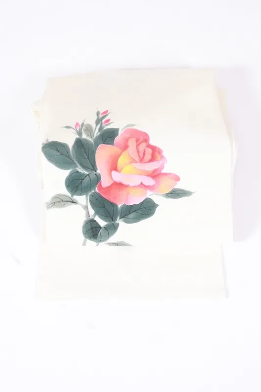 Nagoya obi used(sash), Shioze silk, white, green, black, pink, yellow, floral pattern, designer piece, L89