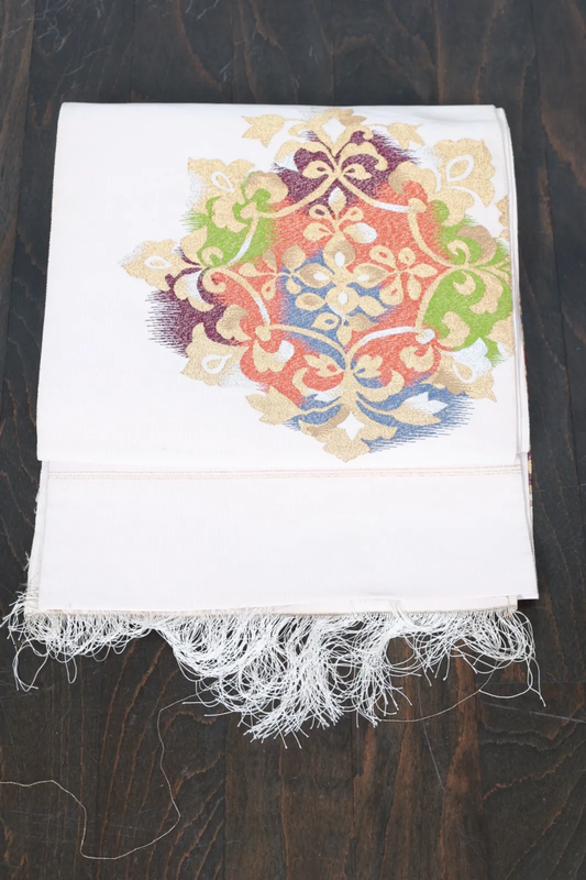 Nagoya Obi(used sash) – Hon-Tsuzure (Fingernail-woven tapestry weave) – Pale pink, gold, silver, purple, green, blue, and white – Shosoin-style pattern