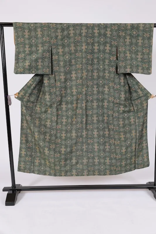 Japan Pre-loved kimono – Green & Mustard – Geometric Pattern Q8