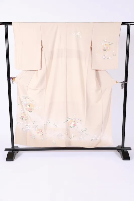 Formal kimono (houmongi), brand new, unused. Colors: beige, green, coral, gold, purple, indigo. (B1430)