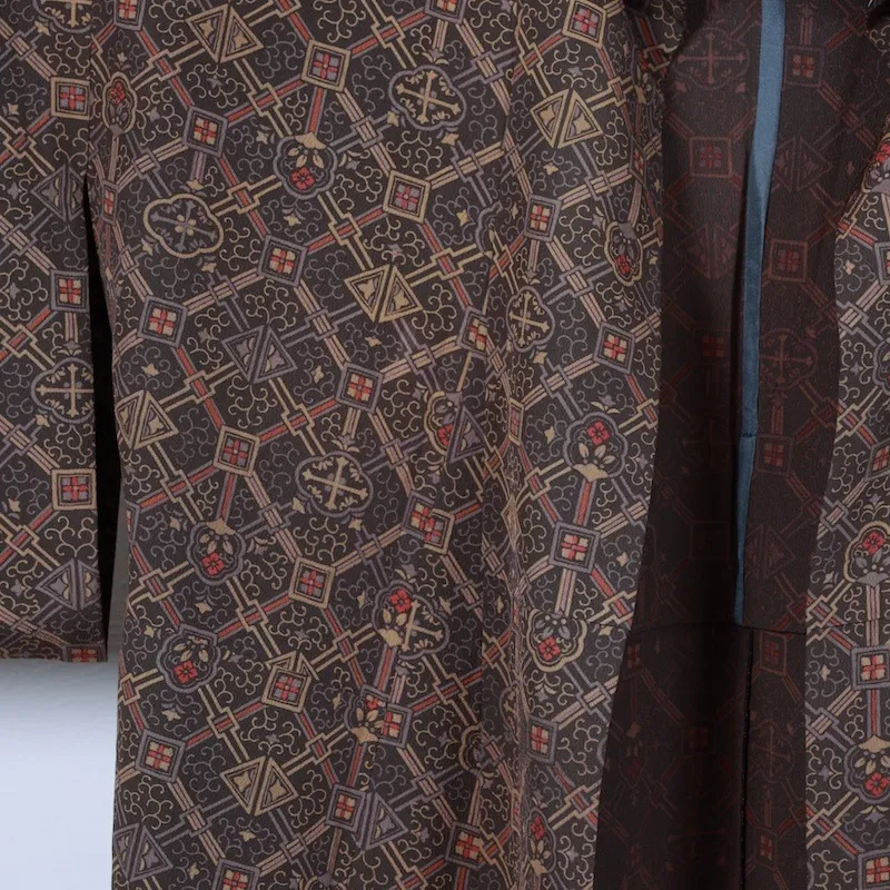 Japan used kimono fabric, brown, mustard yellow, purple, burgundy, arabesque pattern, T14