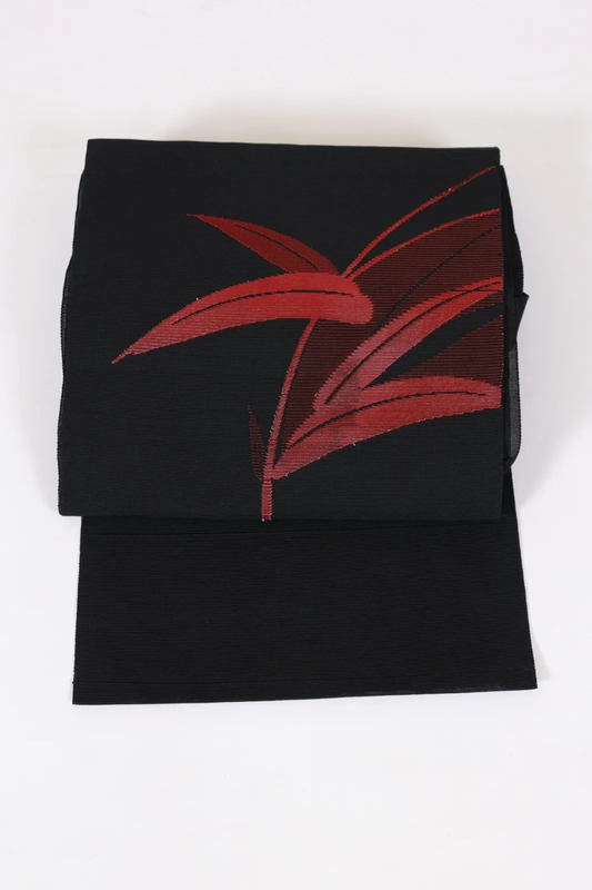 Summer Nagoya obi used (sash), sheer fabric, black and red, bamboo leaf pattern, L24