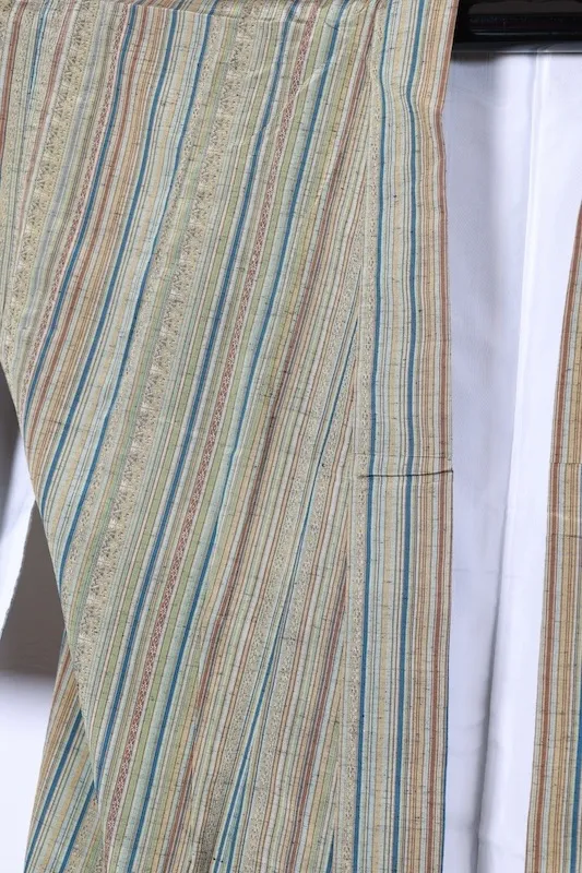 Tsumugi silk(Japan used kimono), Hakata weave, vertical stripe pattern, shades of green, indigo, brown, yellow, irregular stripes, R166