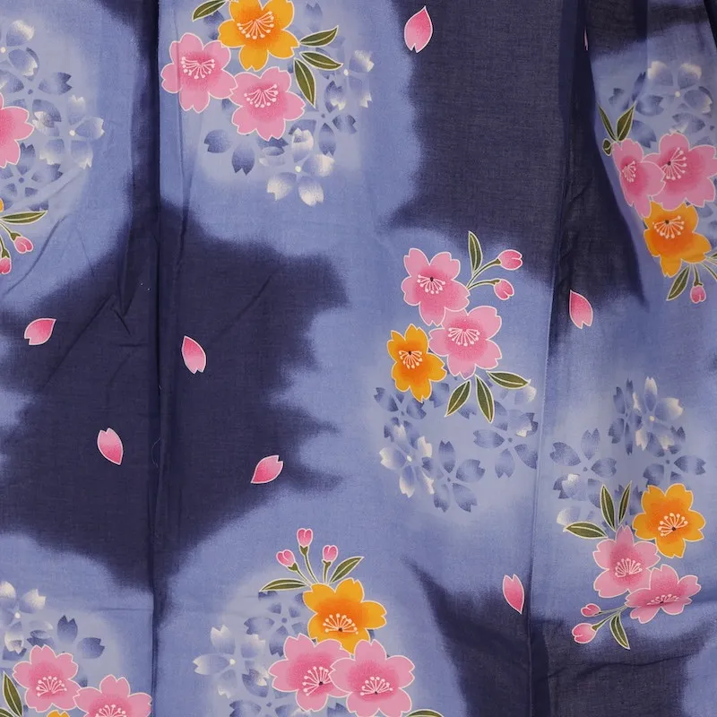 Yukata used (summer kimono) - Navy blue with cherry blossom pattern / A23