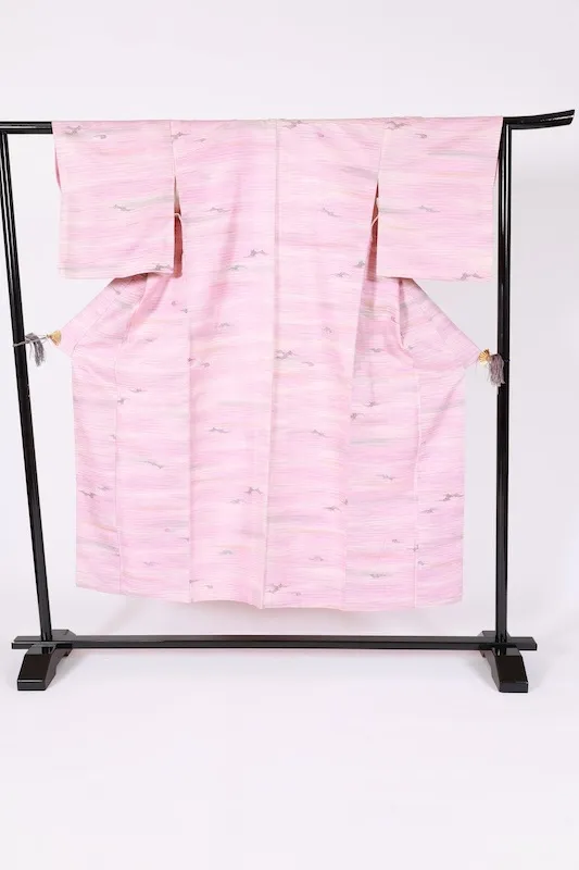 Komon (used kimono fabric) - Cherry blossom pink, brown, charcoal red, horizontal stripes - B1451