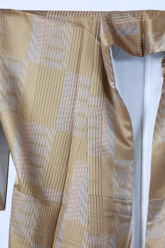 Komon (Japan kimono), brand new, unused. Mustard, blue, and gray stripes and checkered pattern. Printed Yuzen dyeing technique. B1379