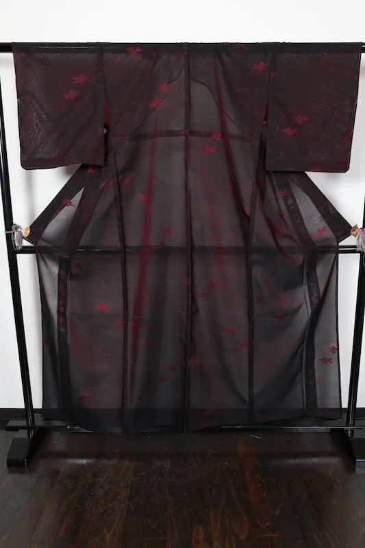 Summer kimono, Nishijin weave used kimono, patterned gauze, Tatsutagawa maple leaf design, black and peony color, R25