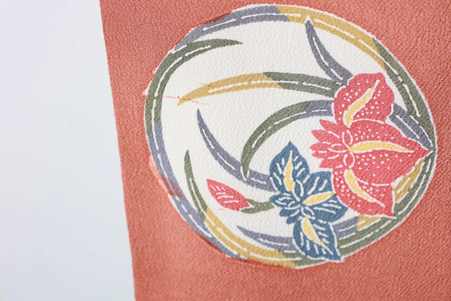 Nagoya Obi(used sash)– Bingata Style – Coral Pink, Gray, Red, Yellow, Blue, Off-White (R128)