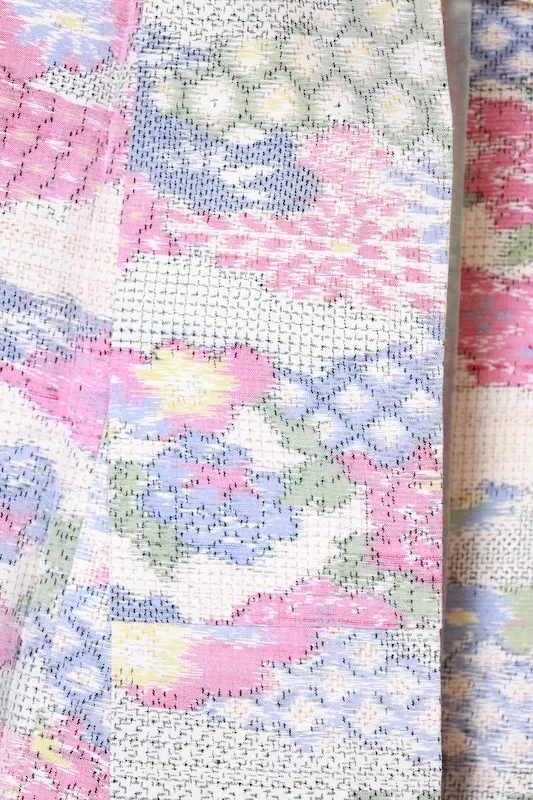 Tsumugi(used kimono)White, Light Blue, Pink, Green, Black, Blue; Kasuri ; Hand-woven; R35