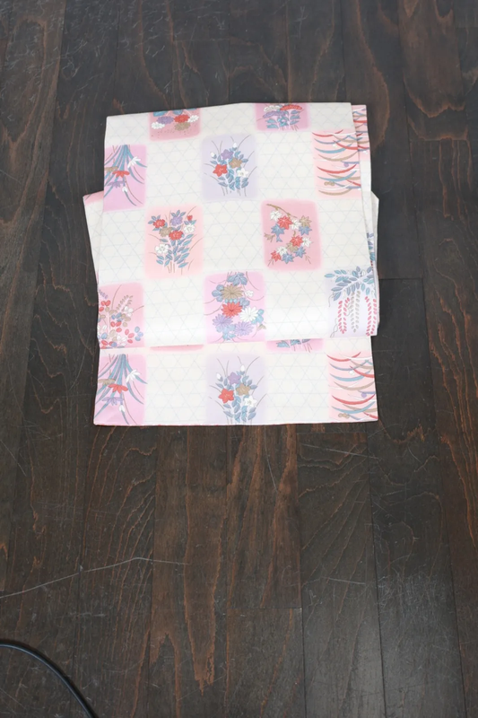 Nagoya Obi(used sash) – Off-white, pink, blue, shades of purple, (R112)