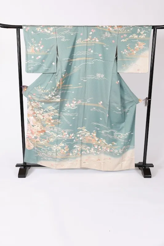 Formal used kimono (Houmongi) - Blue-gray, gold, coral red, purple, white, green, mandarin ducks, flowers, auspicious motifs, waves, Kyo-Yuzen dyeing, B1378