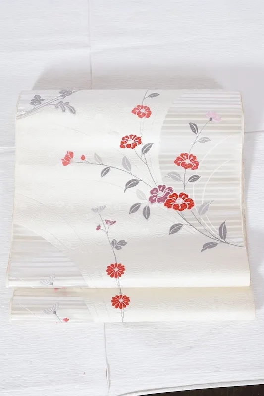Nagoya Obi fabric – Brand New, Unfinished (Unsewn) – White, Silver, Gray, Purple, Pink, Red – A411