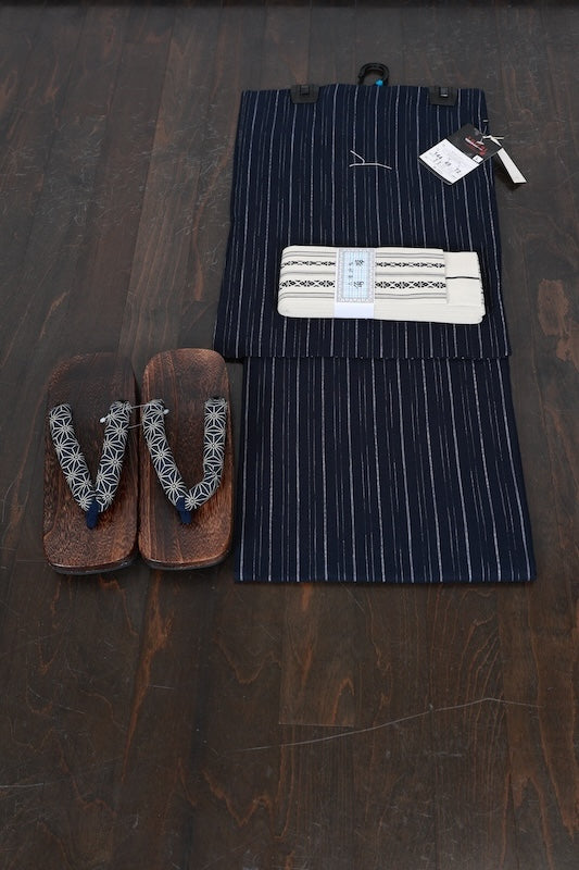 Men's Yukata 3-Piece Set, Brand New, Indigo, Gray, Stripe, b4